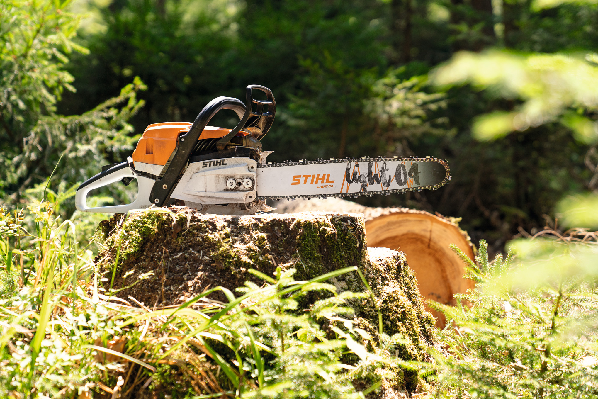 Бензинова ланцюгова пила STIHL MS 261 C-M на пеньку в лісі