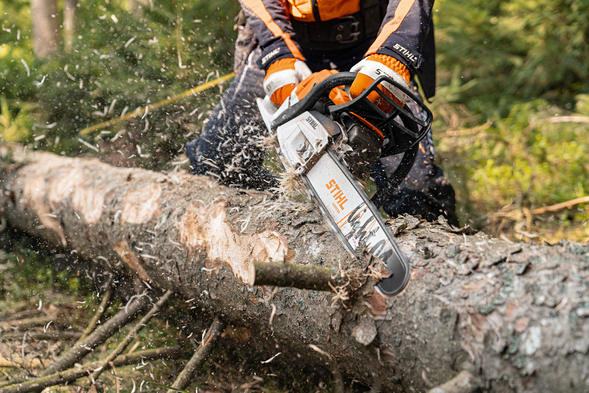 Окорка колод проводиться в лісі бензопилкою STIHL MS 261 C-M з двигуном 2-Mix і направляючою шиною Light 04.